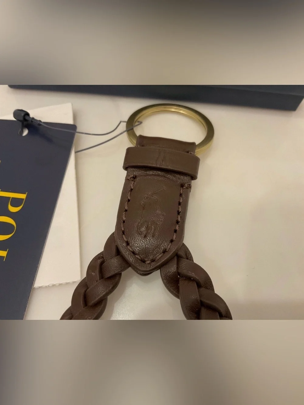 NEW Polo Ralph Lauren BRAIDED LEATHER Key Ring Keychain - BROWN